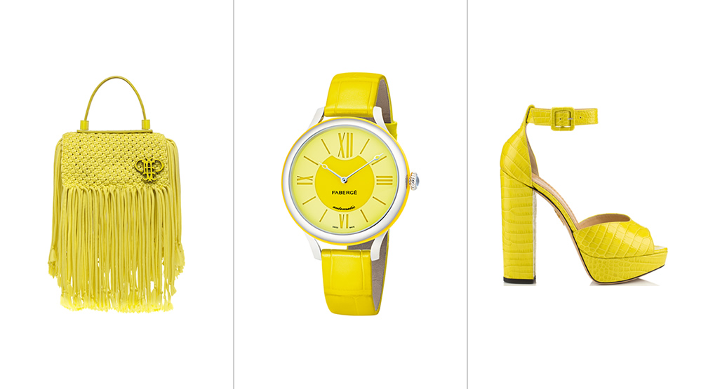 Yellow fashion trend for women - left to right: bag by Emilio Pucci, Faberge Flirt watch by Faberge, Eugenie lime sandal by Charlotte Olympia