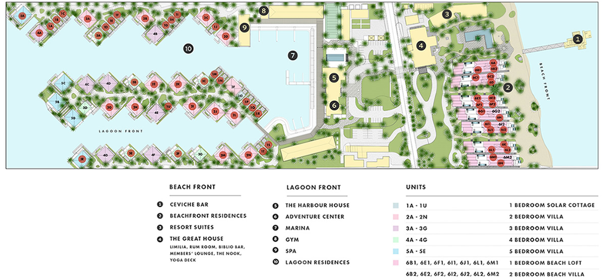 Master plan of this resort in Placencia, Belize indicating final remaining units - red dots indicate "sold"